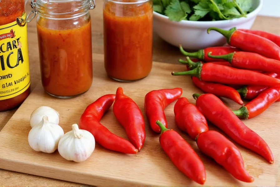 Fresh red habanero peppers, garlic cloves, and vinegar bottles arranged on wooden cutting board for homemade hot sauce preparation