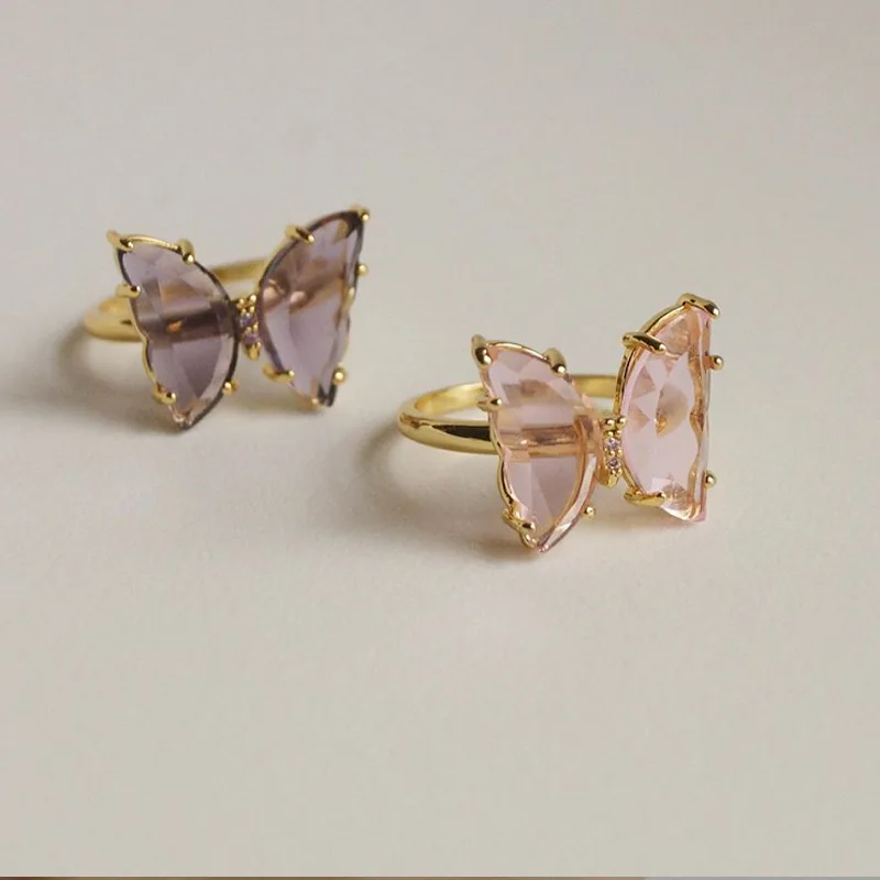 

New Fashion Girls Jewelry Copper Gold Plated Jewelry Colored Crystal Butterfly Open Adjustable Ring For Women, Picture