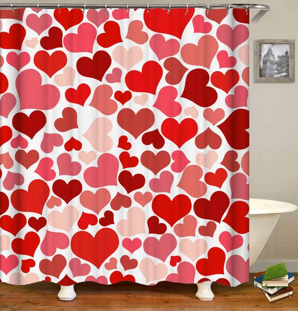 

H722 Romantic Valentine Style Polyester Water Proof Showering Curtains Heart Pattern 3D Digital Printing Shower Curtain, Multi colour