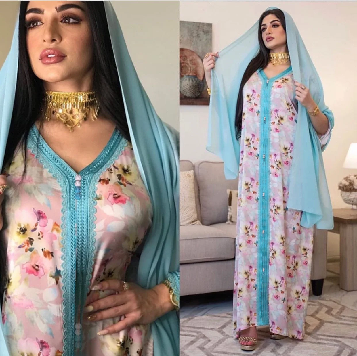 

latest jalabiya designs high quality elegant silk robes with scarf women abaya floral print middle east islamic clothing, As picture