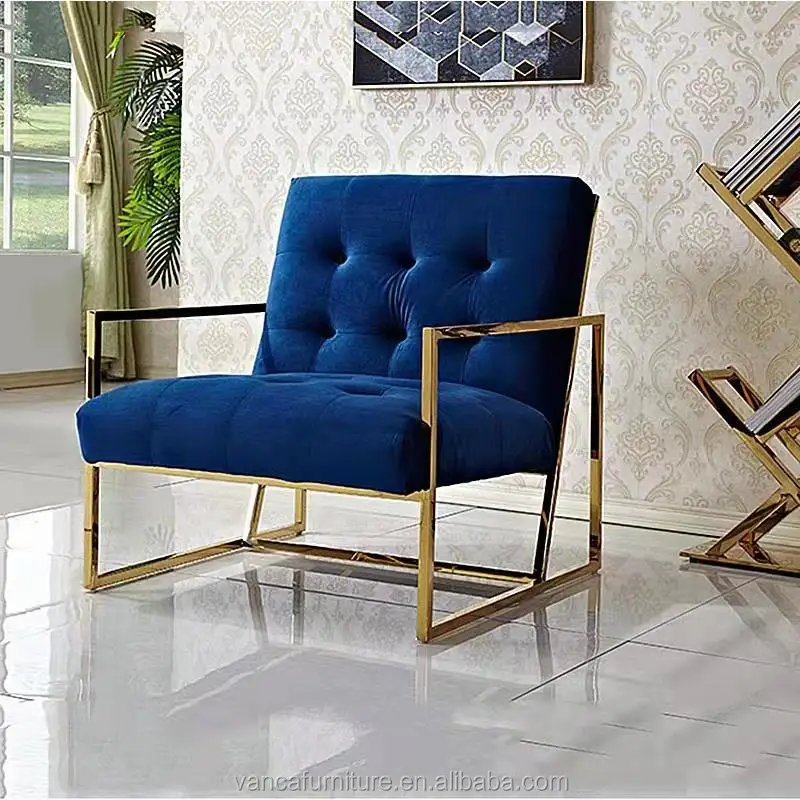 

single seater gold stainless steel leg comfortable luxury fabric armchair for hotel lobby leisure chair, Many colors