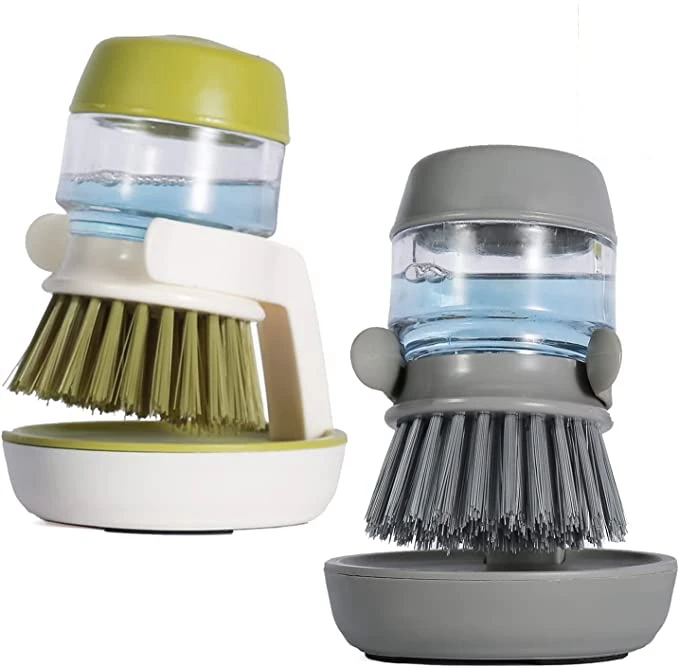 

DS1004 Kitchen Dishes Pots Washing Brush Dishwashing Kitchen Scrub Brushes Soap Dispensing Palm Scrub Brush with Drip Tray