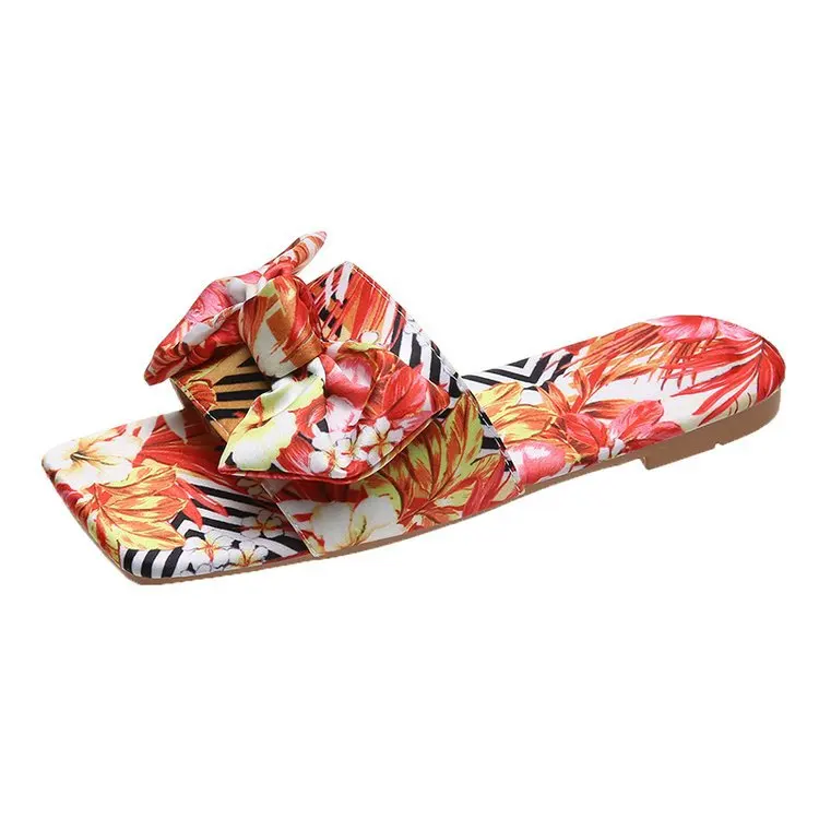 

NEW design Printed bow square slippers outdoor Flat sandals colorful Women's slippers, Customized color