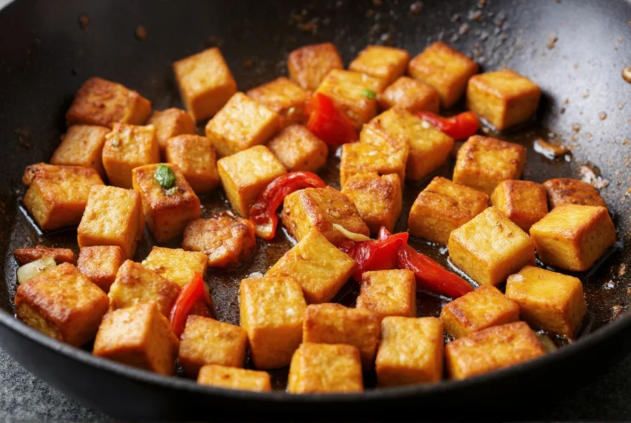 Close-up of golden-brown tofu cubes sizzling in a wok with red chili peppers and garlic