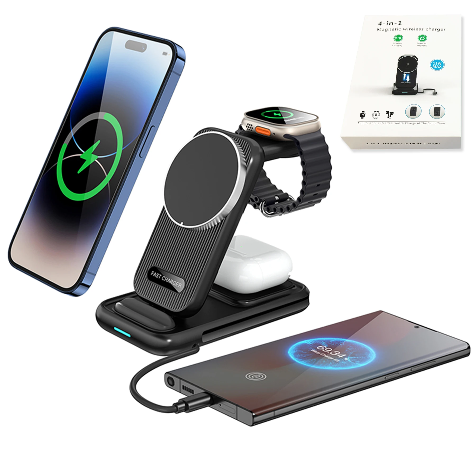 

Justlink Foldable 4 in 1 wireless charger Type c 15W 3 in 1 Magnetic wireless charging for iphone iwatch Airpods Sumsang watch