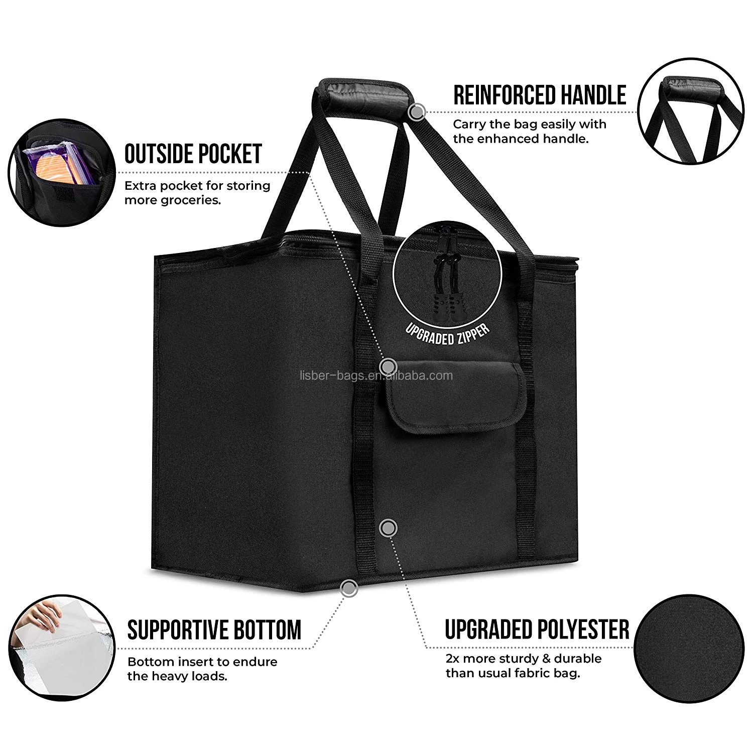 Collapsible Extra Large Insulated Non Woven Reusable Grocery Cooler Bags With Sturdy Zipper