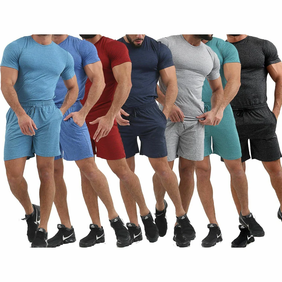 

Custom Men's 2 Piece Sets Casual Streetwear GYM Sports Fitness Two Pieces Set Man Knitted Shorts with T shirts Set, As above show