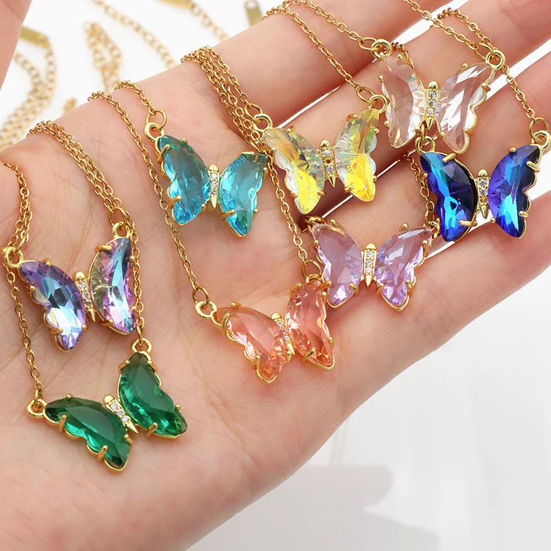 

18k Gold plated stainless steel chain glass crystal butterfly necklace