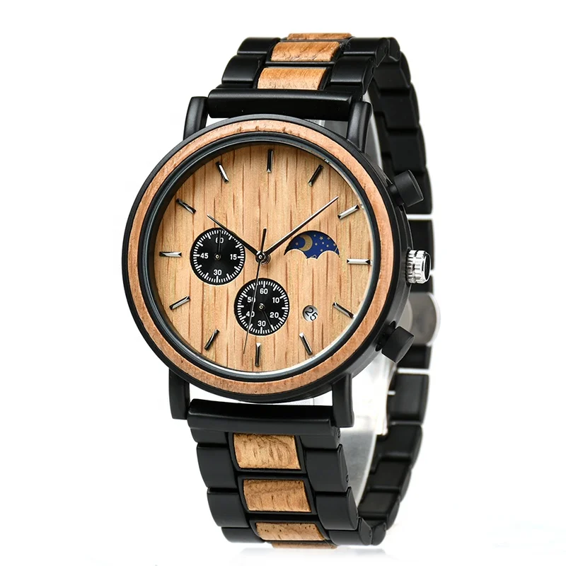 

Moon phase japan movt quartz watch stainless steel back sport chronograph watch men wood wristwatches