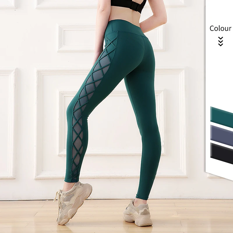 

Factory Price Cross drawstring Splicing breathable Legging High Waist Solid color Pants Women sexy custom running leggings