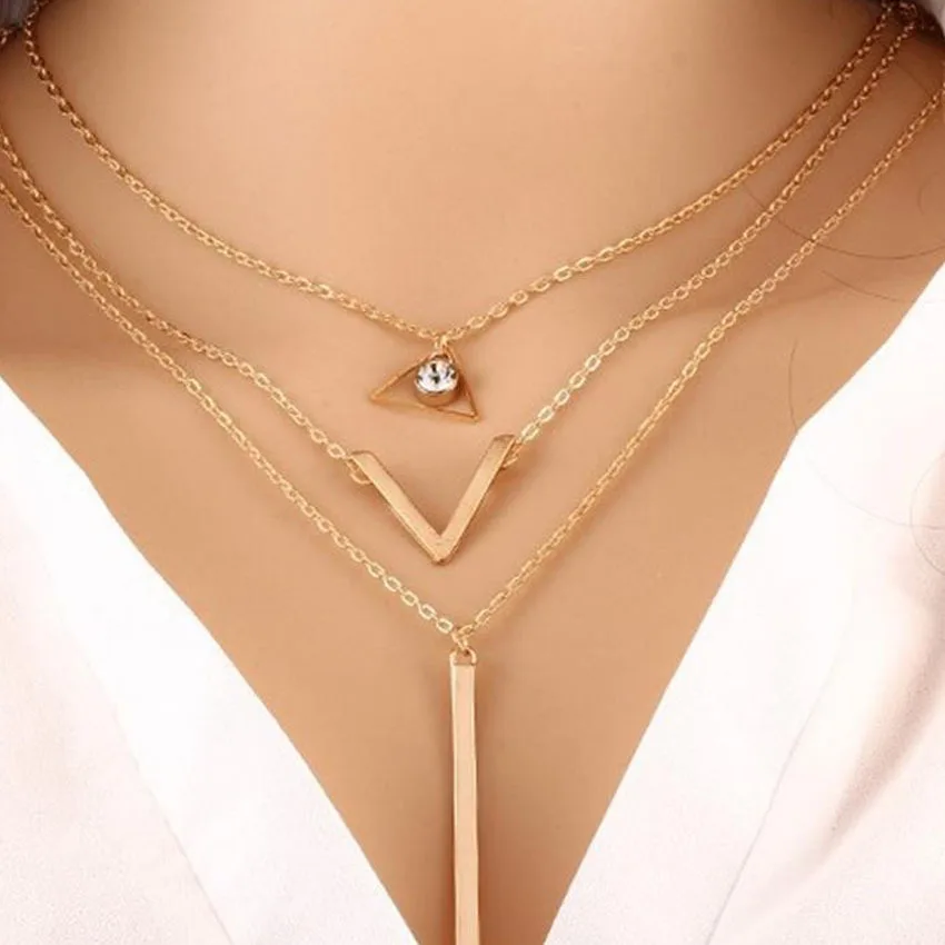 

Fashion crystal sequins necklace female temperament trend multi-layer metal triangle pendant collarbone chain