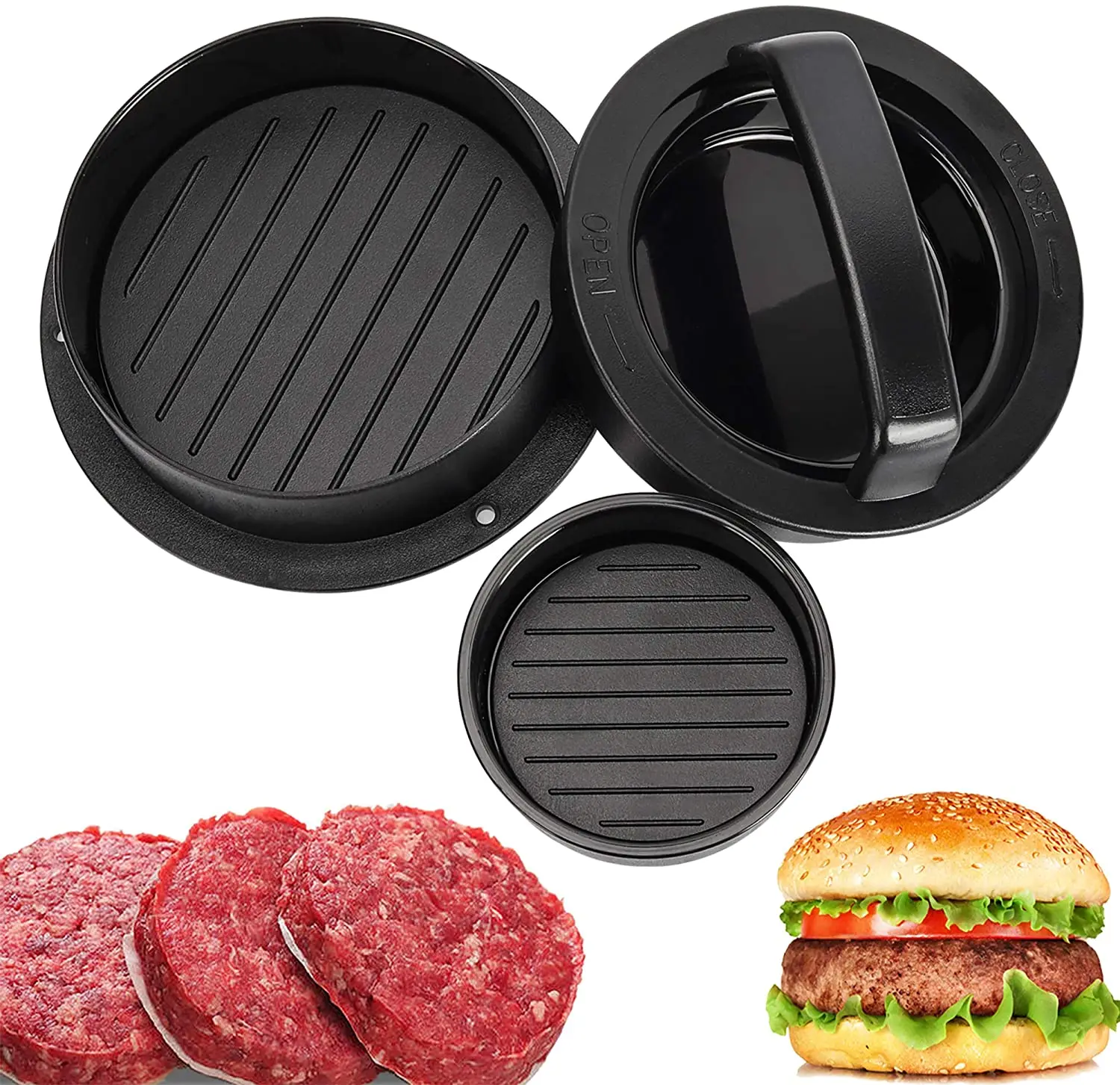 

Burger Patty Press Regular Burger Patties Cookery Mold 3 in 1 Non Stick Kitchen Barbecue Tool, Black