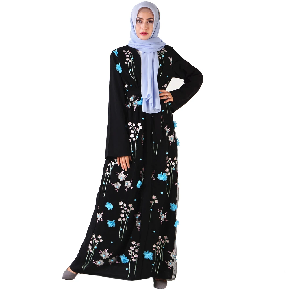 

Kimono Moslem Kaftan 3D Flower Embroidery Jacket Muslim Islamic Custom Open Abaya Women Dress, As picture
