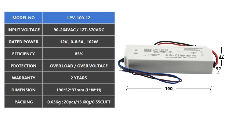 Meanwell LPV-series LED Power Supply 102w 12v ip67 CE In/Outdoor LED Stripes modules 