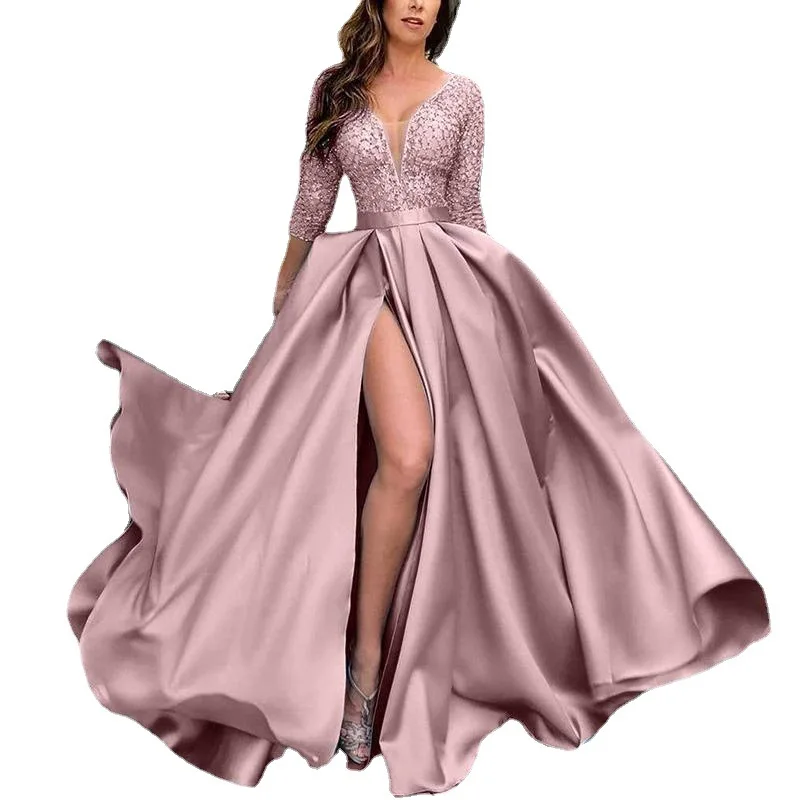 

Fashion Plus Size Women Deep V Illusion Ball Gown Sweep Train High Slit Gilding Webbing Evening Dresses
