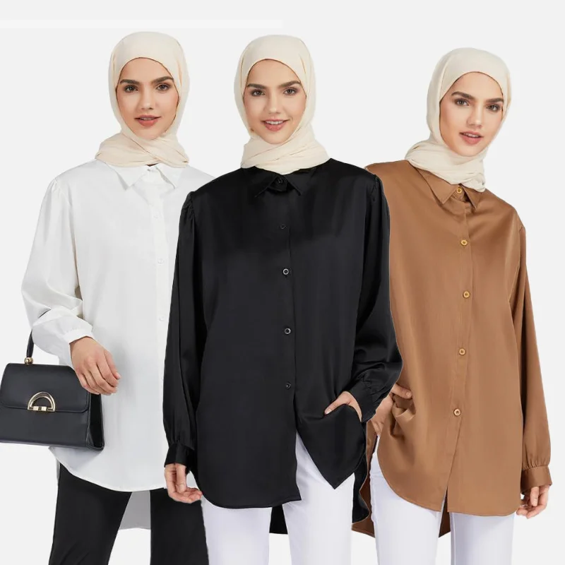 

Wholesale Dubai Abaya Muslim Women Dress Tunic Tops Long Sleeve Casual Modest Satin Silk Shirts Muslim Blouses