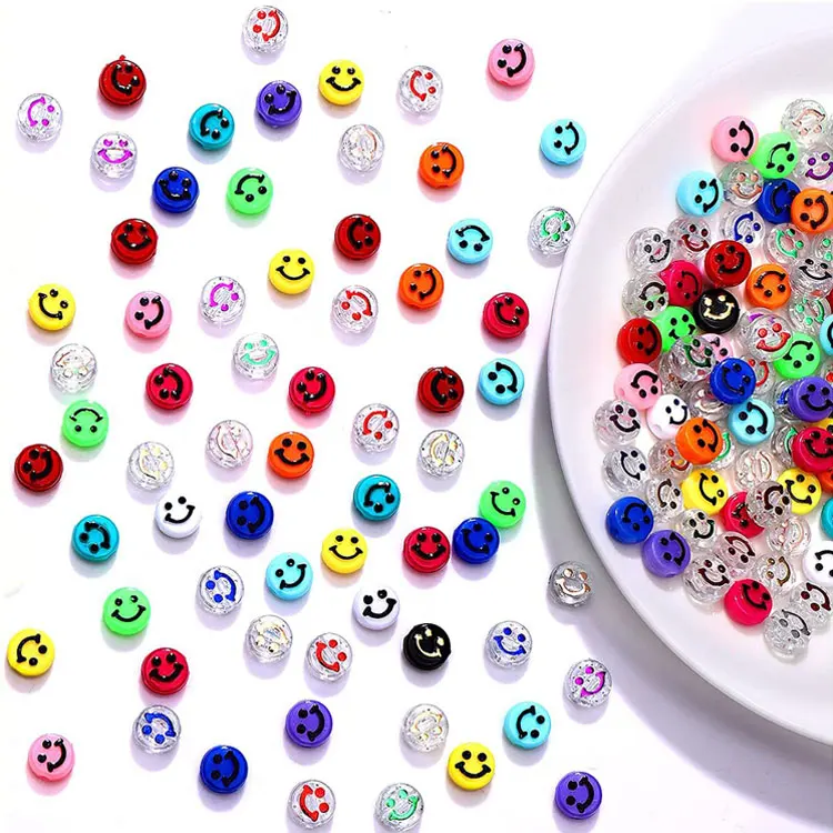 

SC Wholesale 100pcs Smiley Face Beads 10mm Colorful Loose Plastic Acrylic Smiley Face Beads for Handmad Jewelry Necklace Making, Pink, yellow, green, blue, black, red