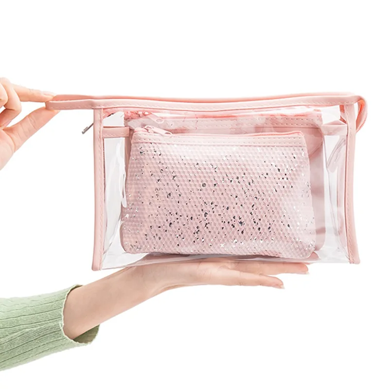 

Custom Large Capacity Portable Glitter Pouch Women's Waterproof Washing Bag 3 In 1 Pvc Clear Cosmetics Bag Travel Organizer Set, Khaki, pink, black+gold, black+red