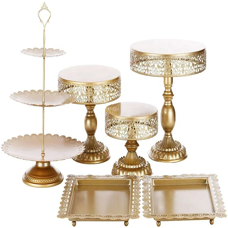 

6pcs Golden Metal Cake Stand Set Round Square Candy Fruit Display Plate Dessert Holder for Birthday Wedding Party Decoration, Gold