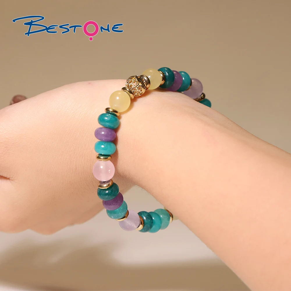 

BESTONE Natural Faceted Ball Bead Drawstring Bracelet Natural Indian Agate Bead White Turquoise Garnet Bracelet