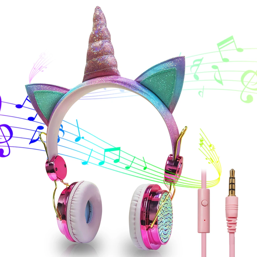 

Wholesale Unicorn Gaming Headphone With Microphone for kids 85db limiting Music Stereo Earphone with Wire, Pink