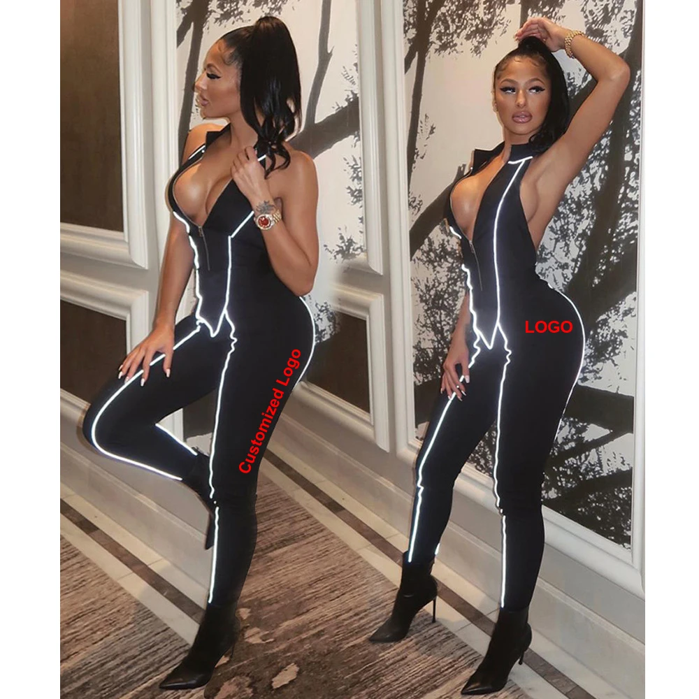 Free Shipping summer fashion casual reflective sleeveless women jumpsuits custom logo is available
