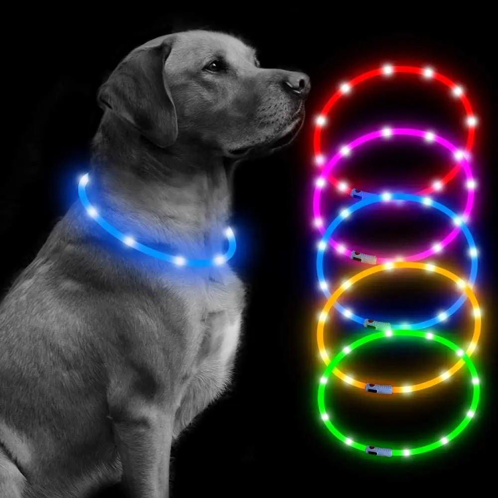 

LED Dog Collar Light - USB Rechargeable Glowing Pet Collar, Flexible Silicone Flashing Puppy Collars for Small Medium Large Dogs, Red, blue, pink,yellow, white