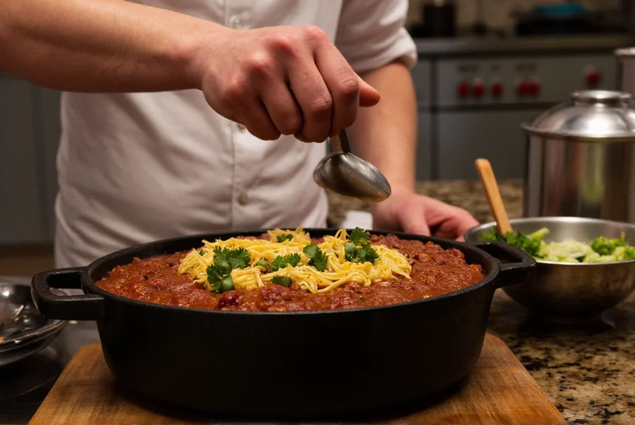 Professional chef preparing authentic Texas-style chili in cast iron pot with fresh ingredients