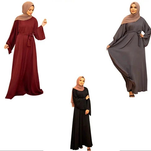 

2021 Latest waist Belts slim Design Islamic Clothes Women Solid color popular Closed Abaya Muslim Dress Maxi Long Gown