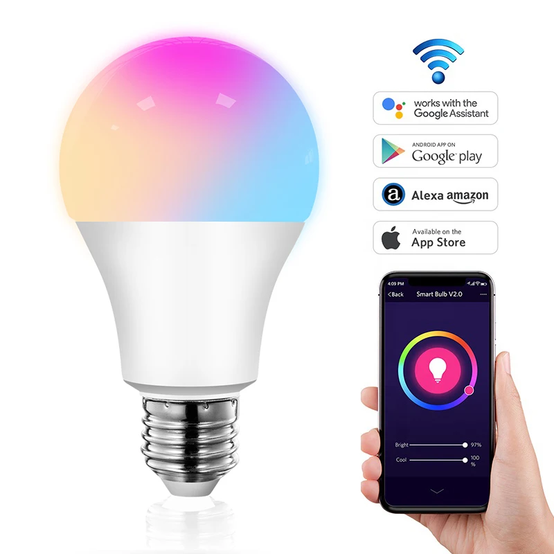 Smart Wireless RGB Multicolor Dimmable Wifi App E26 E27 B22 Control Smart Led Bulb with Compatible Amazon Alexa Google Home