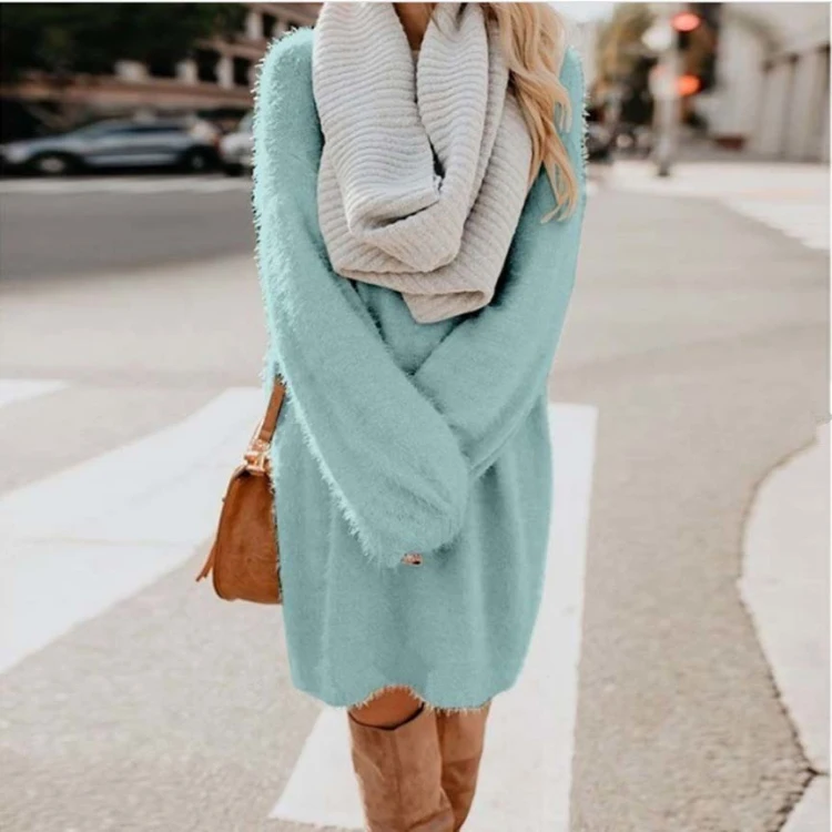 

Spring Autumn Long Sleeve Round Neck Sweater Loose Seamless Knitted Dress For Women