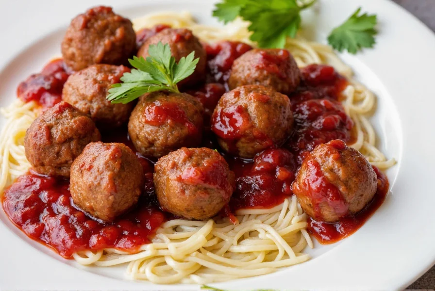 Plated Swedish meatballs with glossy cranberry chili sauce glaze, garnished with fresh parsley on white ceramic dish