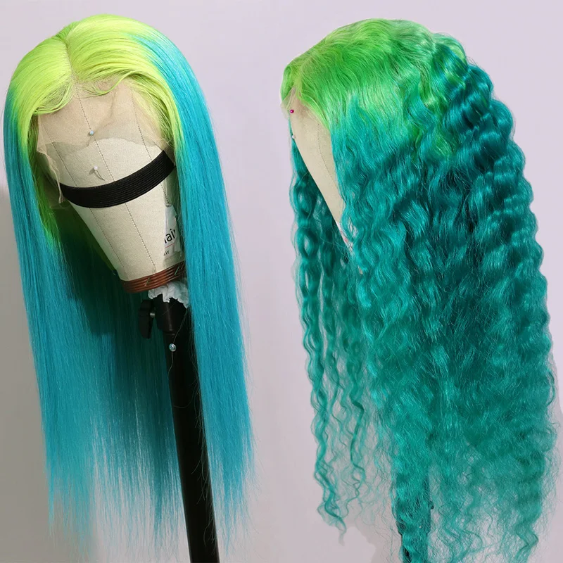 

Green Ombre Blue Brazilian Virgin Human Hair Straight Curly Lace Front Wig with Baby Hair Swiss Lace front wig