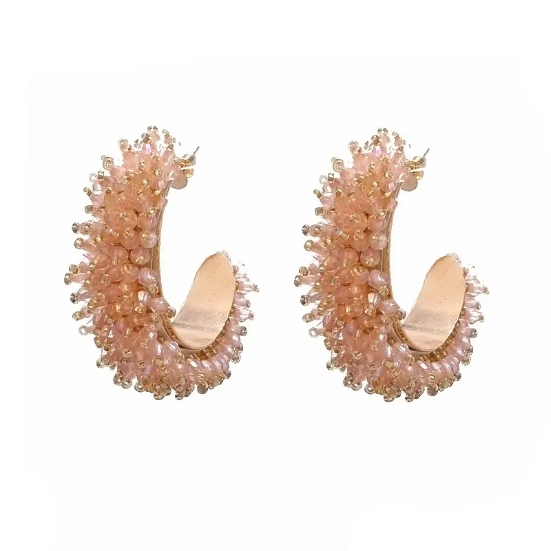 

Luxury Handmade Crystal Beads C Shape Hoop Earring Boho Exquisite Charms Chunky Statement Earrings (SK672), As picture