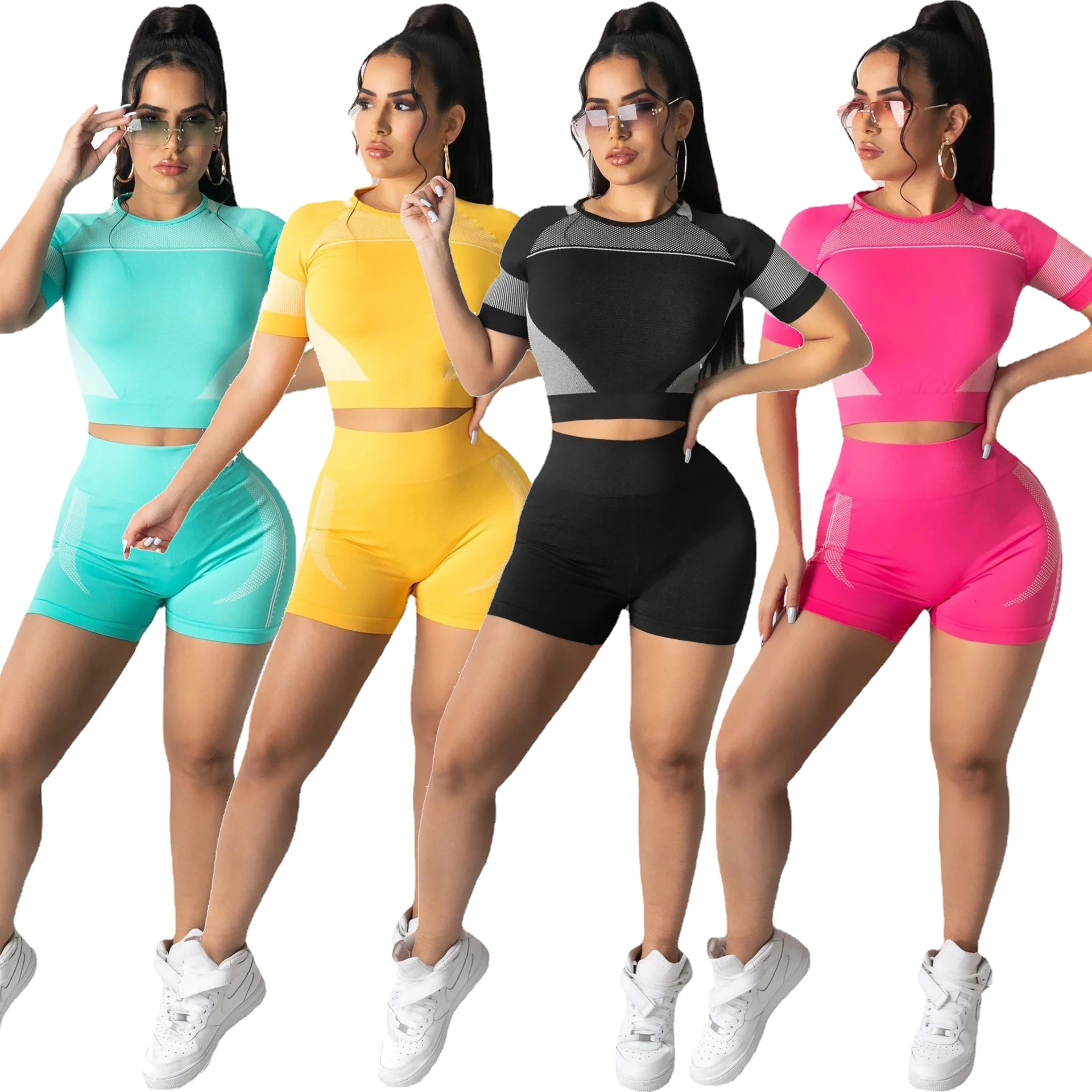 

Women Gym Wear Seamless Crop T Shirt and Seamless shorts Sport suits, Picture