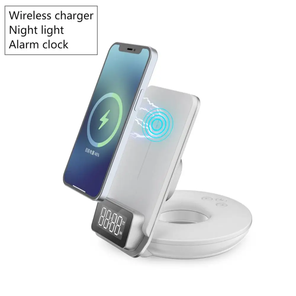 

2022 Latest LED night light digital alarm clock 15W Quick Charge wireless charging foldable phone 3 in 1 wireless charger, Black/white