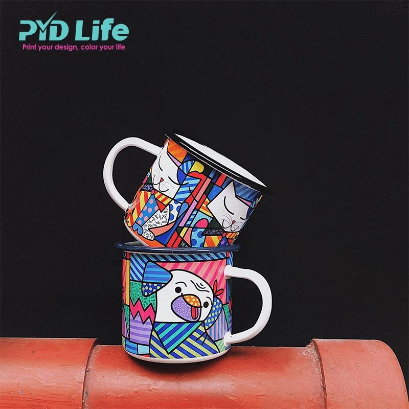 

PYDLife Bulk Custom Printed 350ml Steel Travel Camp Outdoor Coffee Mug Personalized Enamel Mug With Handle, 10 colors