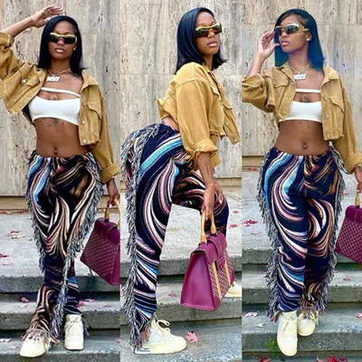 

2021 street fashion women pocket baggy pants side fringed fringed long pants ladies fringed velvet trousers for women