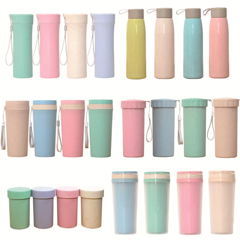 

400ml Coffee Mug Eco Water Bottle Biodegradable double wall personalized wheat straw drinking water bottles with lid, As picture showing