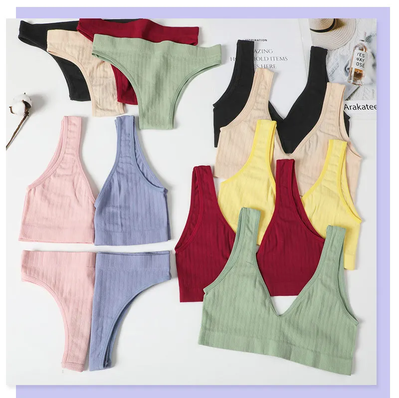 

Hot Selling bra and panty set girls knit Seamless no padded cotton Bra Set V-neck Vest Low Waist G-String Underwear Set, Light blue,black,yellow,red,silver gray,cameo brown,pink,beige
