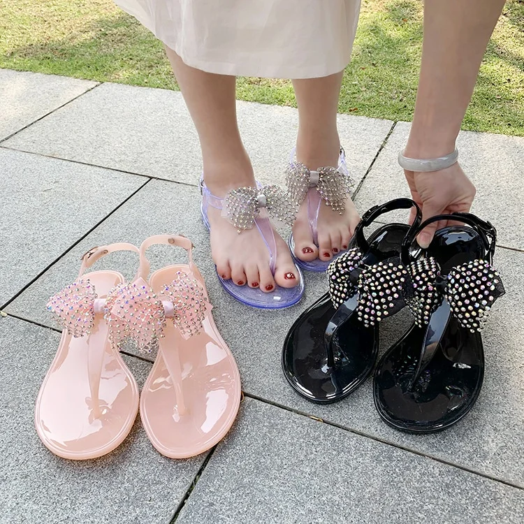 

Diamonds Bowtie Women Clip toe Sandals Outdoor Summer Flats Flip Flop Shoes, Black clear pink