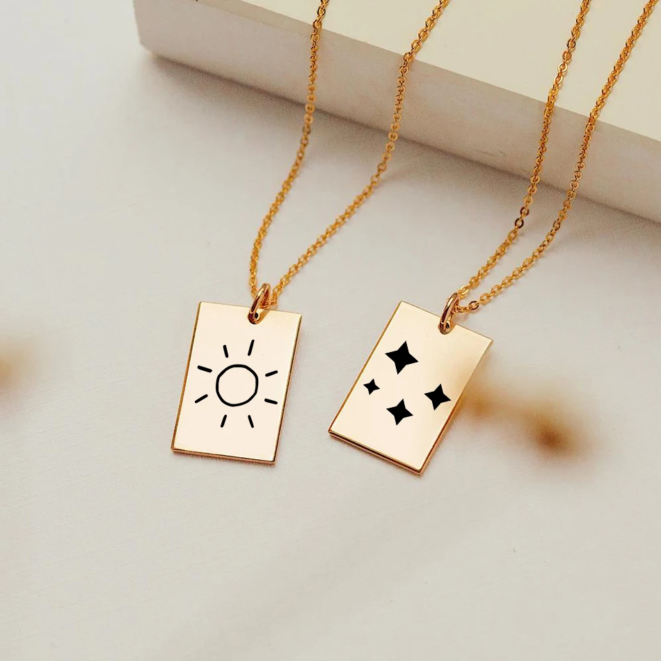 

eManco Elegant Weather Necklace Engrave Star Moon Charms Square Pendant Necklace Gold Stainless Steel Minimalist Women Jewelry