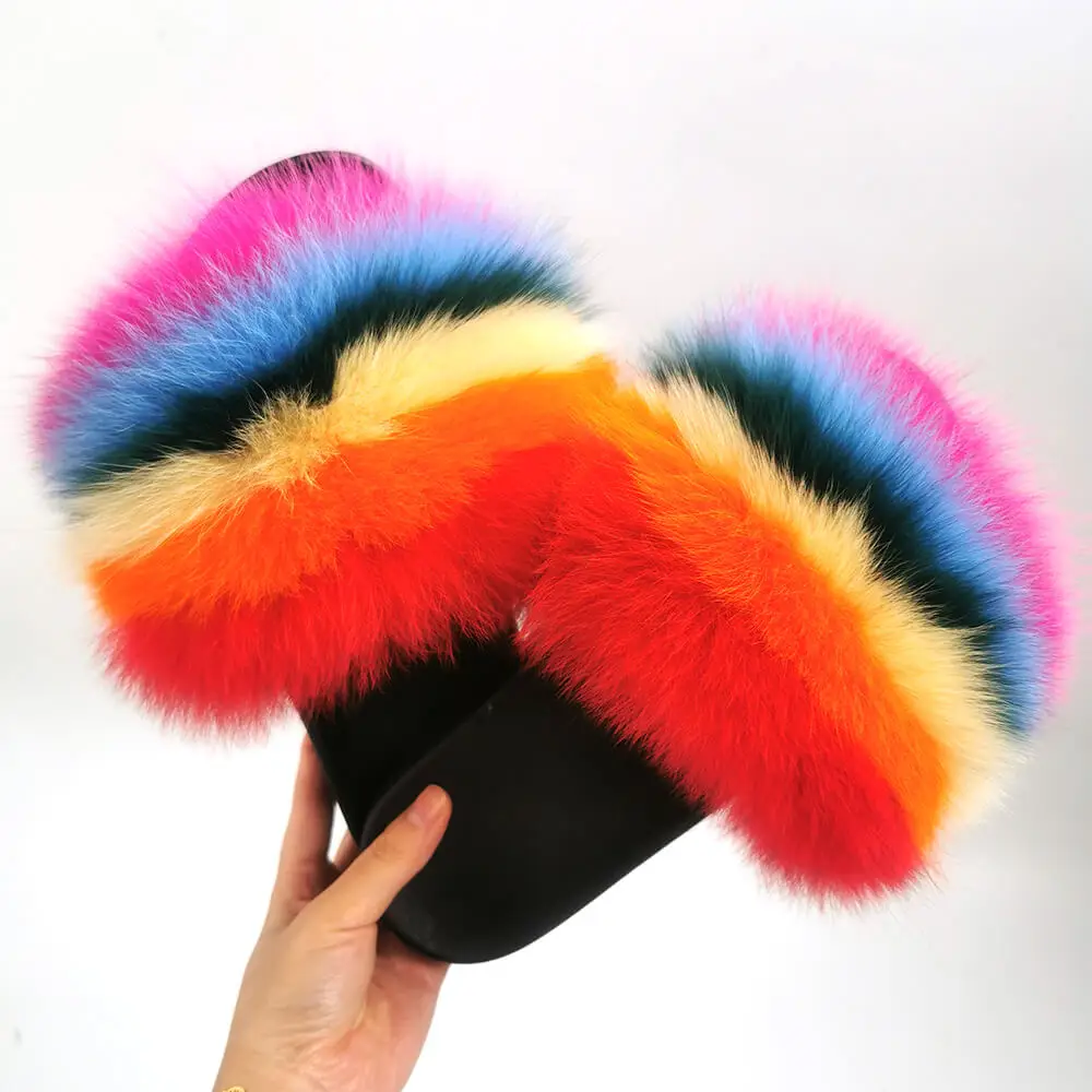 

2021 Super Puffy Real Racoon Fur Slides Wholesale Fuzzy Lady Sandals Custom Fluffy Rainbow Fox Fur Slippers For Women, Black / natural brown / yellow or custom