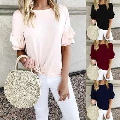 

2019 Summer Fashion Round Neck Ruffle Short Sleeve Knotted Women's T-shirt Casual Ruffle Solid Color Top, As shown on picture