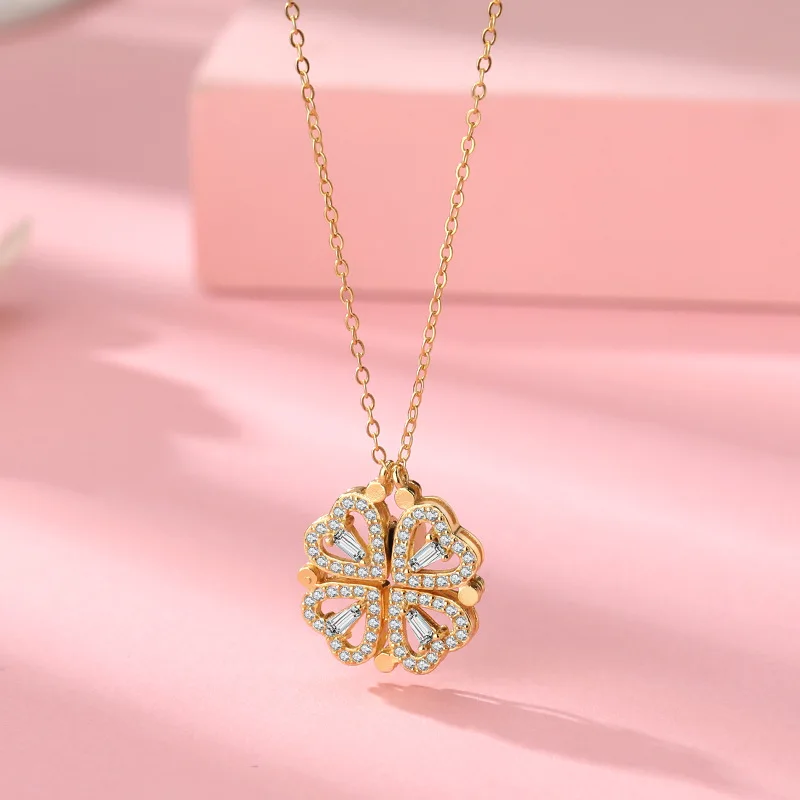

2021 New Arrival 18K Gold Plated 925 Sterling Silver Charm Necklace Magnetic Four Leaf Clover Foldable Heart Shaped Necklace, Picture shows