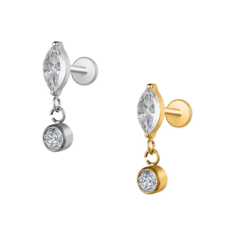 Wholesale Dangle Zirconia Push-In Gold Silver Titanium Threadless Labret Piercing Flat Back Stud Earrings