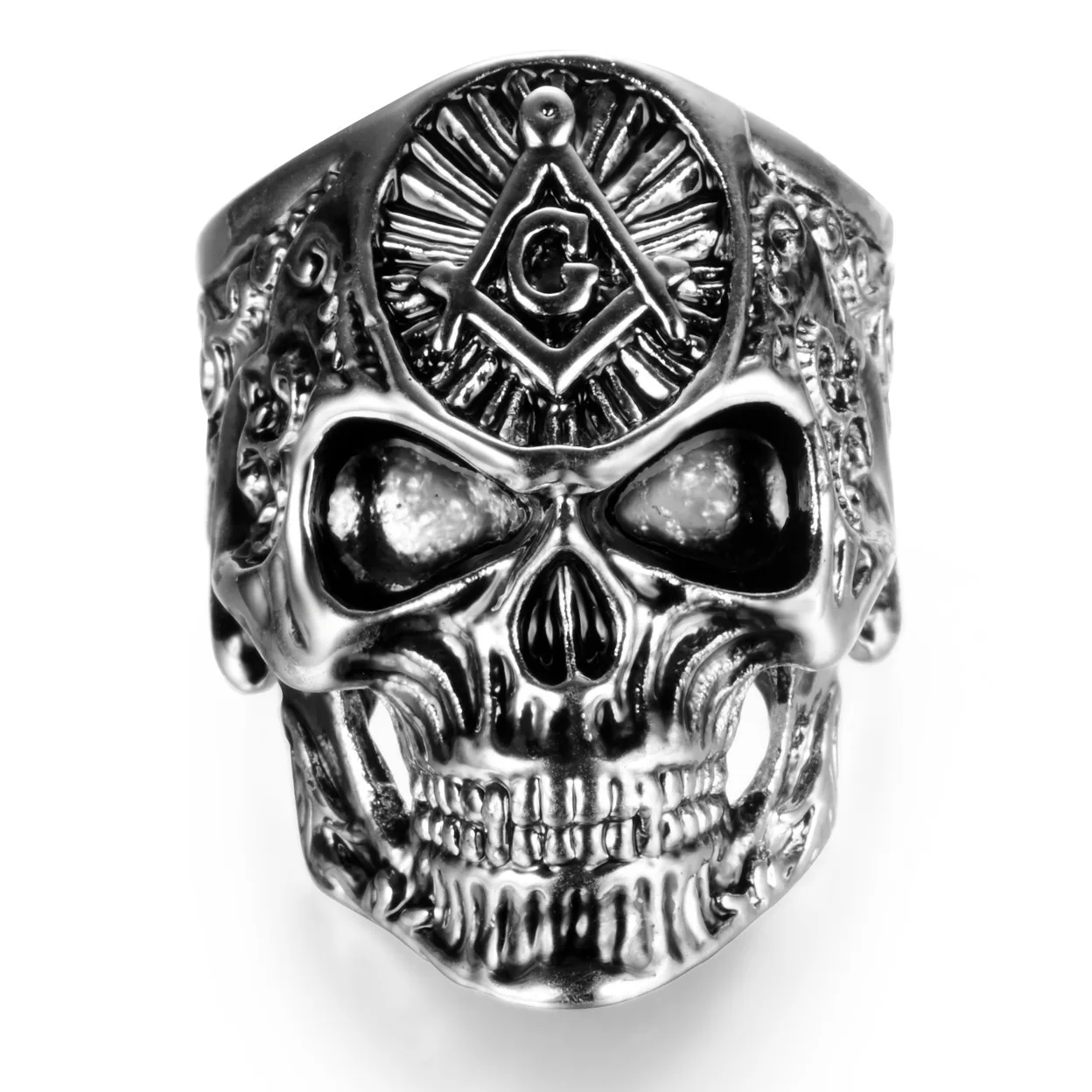 

High Quality Wholesale Ring Stainless Steel in Steel Color Engraved Skull Rings Men, As picture