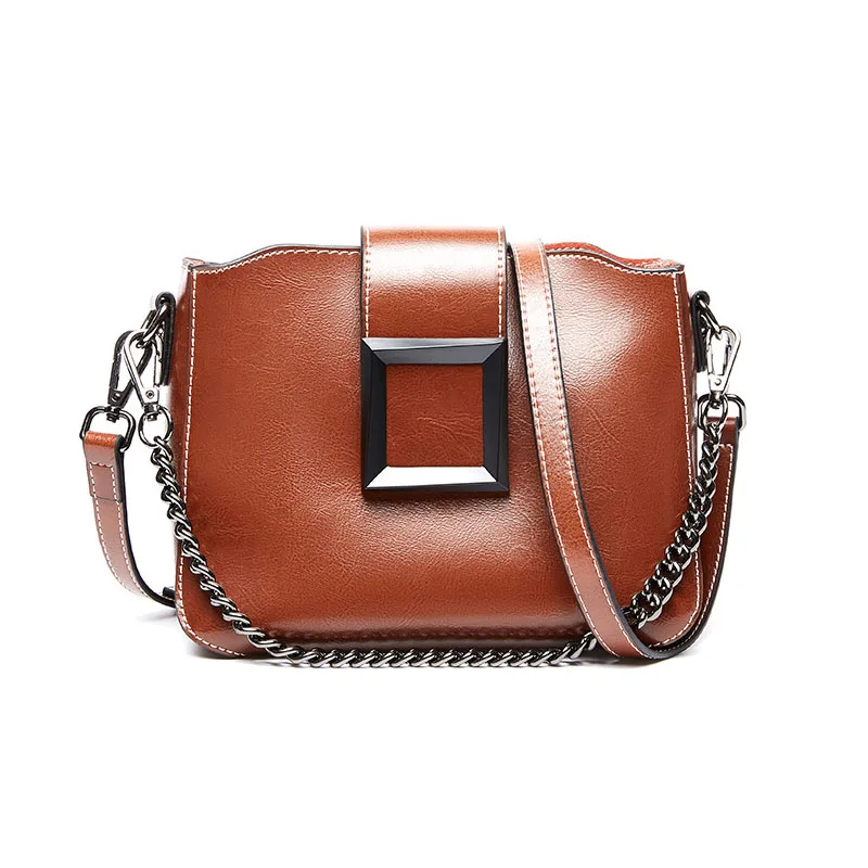 

Wax Leather Large Capacity Chain Square Buckle Bag Single Shoulder Crossbody Genuine Leather Bag For Women, Black, wine red, brown