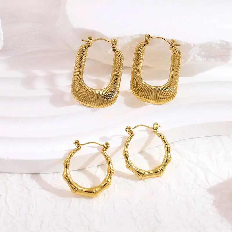 

Tarnish Free 18K Gold Plated Bamboo Ins Hot Fashion Waterproof Jewelry Hypoallergenic U Shape Square Chunky Hoop Earrings