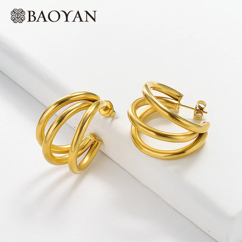 

Baoyan Trendy 18K Gold Plated Hoop Earrings Jewelry Irregular Round Stainless Steel Earrings bijoux bulk stainless steel hoop ea